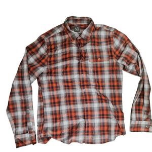 A|X Armani Exchange Shirt Mens Large Orange Gray Plaid Button Down Long Sleeve